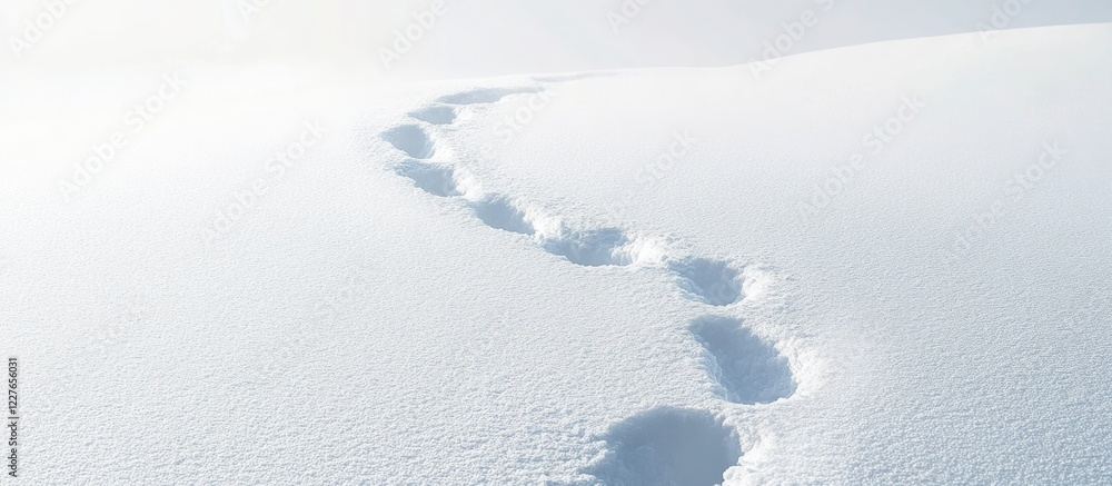 Poster serene snowy pathway illuminated by morning light featuring footprints and ample space for text inse