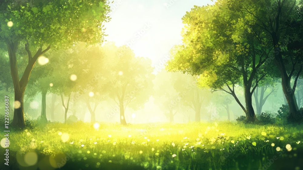 Poster lush natural landscape with sunlight filtering through green trees creating a serene bokeh effect in