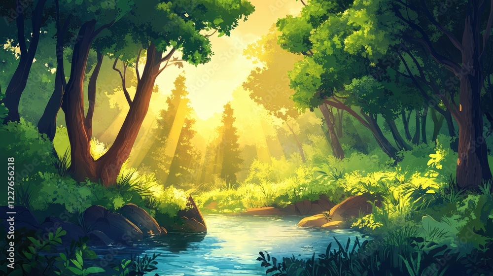 Poster tranquil forest scene with sunlight filtering through trees and a serene river flowing through lush 