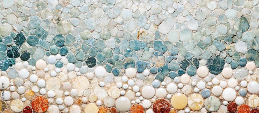 Poster abstract mosaic of air bubbles in decorative art deco border on stone colored marble background with