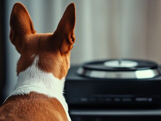 Basenji dog staring at a phonograph, vintage aesthetics, stylish and unique moment