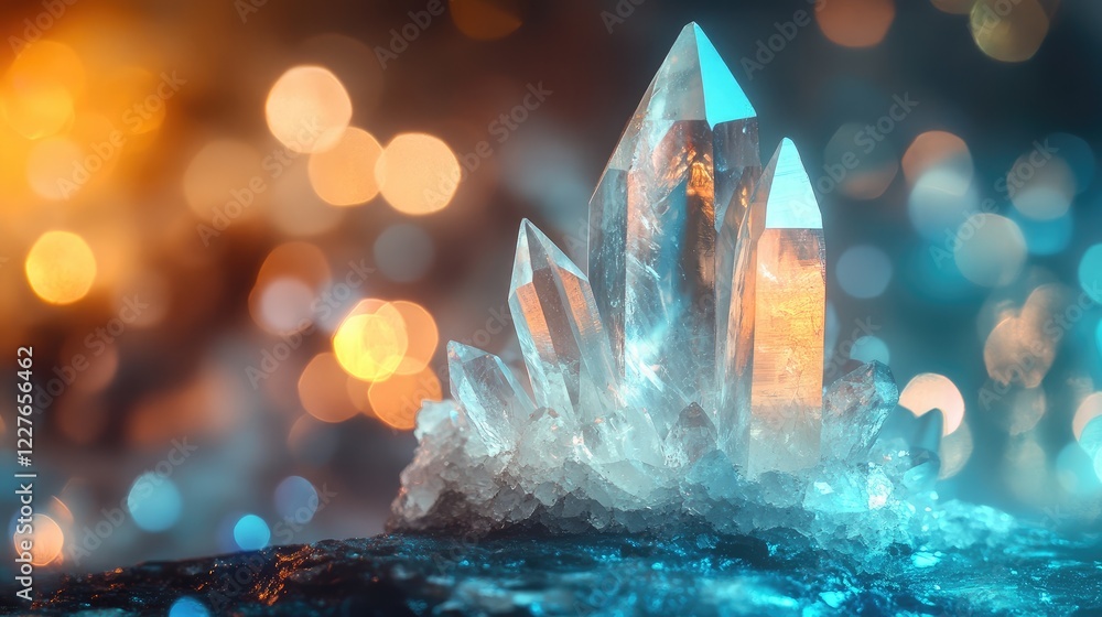 Aufkleber natural quartz crystal illuminated against a vibrant bokeh background creating a mystical and enchan