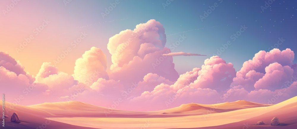 Poster serene morning sky with fluffy clouds and soft pastel colors creating an idyllic scene for text plac