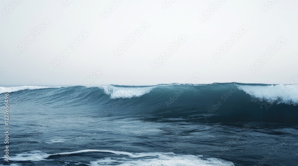 Poster serene ocean waves against a tranquil sky with a subtle gradient of blue and grey, creating a calmin