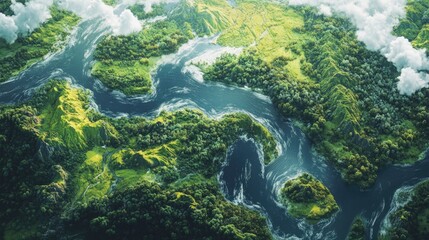 Fototapeta premium Aerial Landscape Showcasing Diverse Ecosystems and Lush Green Biomes Underneath a Cloudy Sky