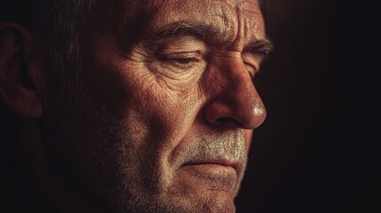 Obraz premium Close up of a contemplative middle aged man with wrinkles and graying hair against a dark background with empty space for text or graphics