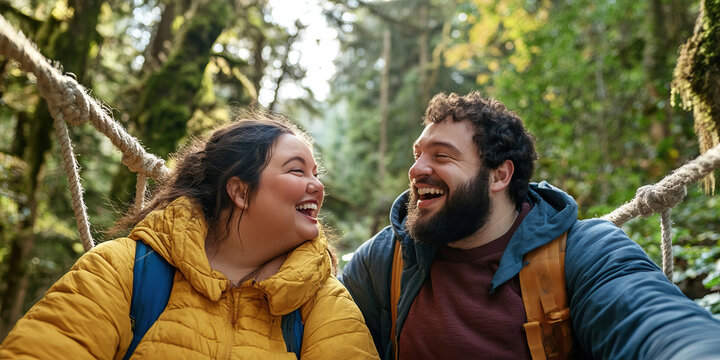 Couple Laughing on Rope Bridge in Forest - Powered by Adobe