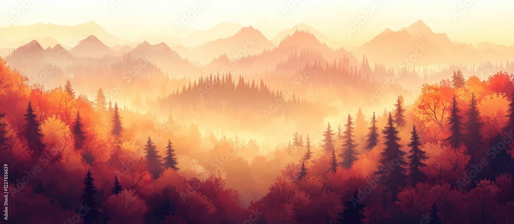 Poster autumn forest mist at sunrise with soft morning light and empty space for text in a serene landscape