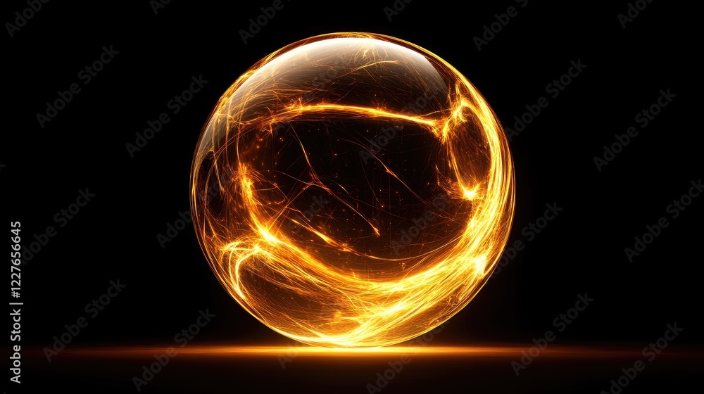 Poster glowing energy sphere with luminous movement lines and dark background ideal for showcasing energy c