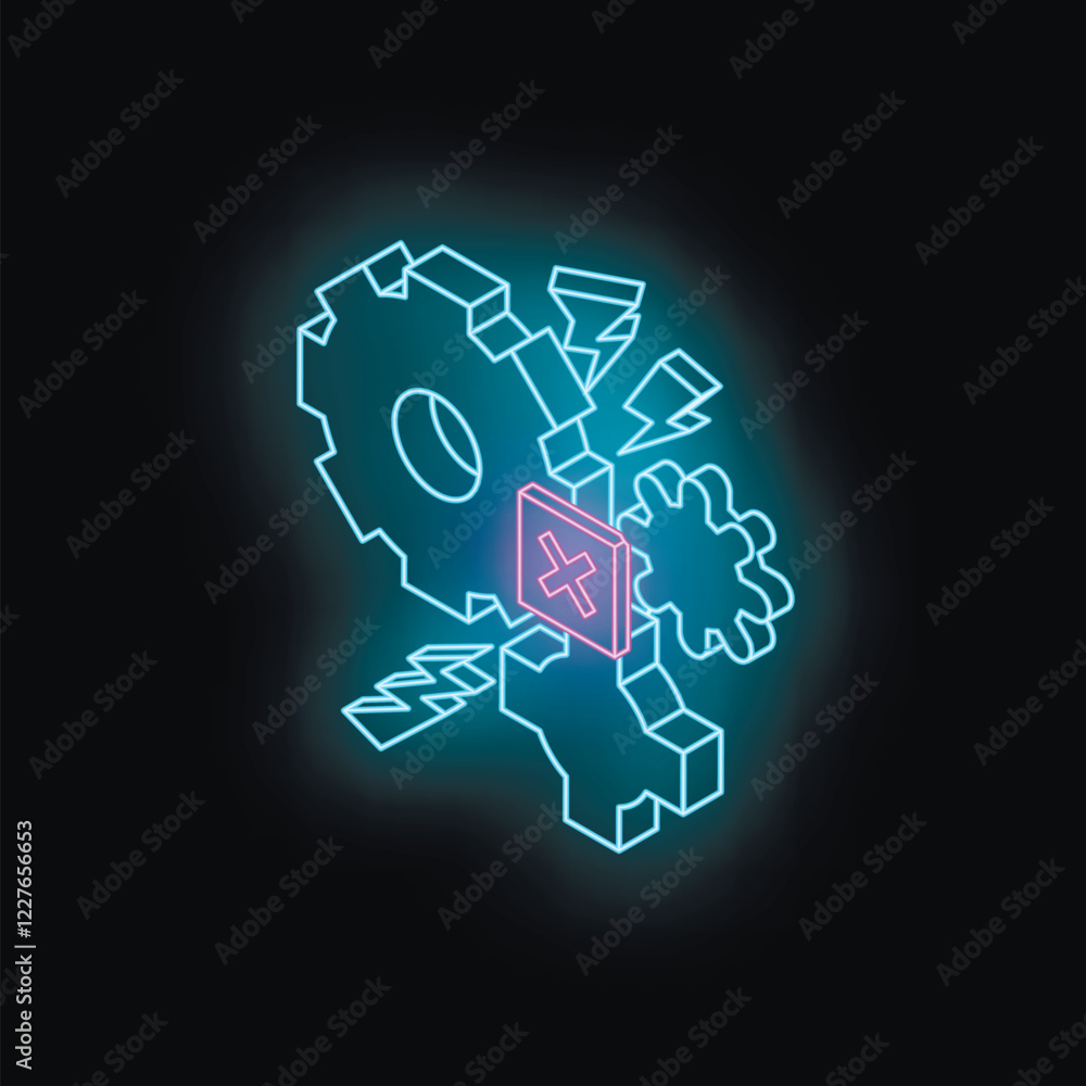 Poster glowing neon cancel symbol stopping isometric gears and cogs representing system error, technical is
