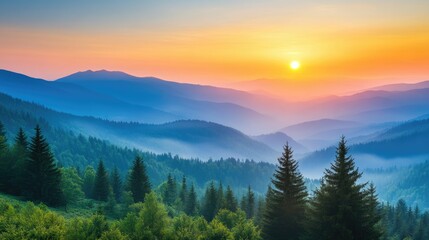 Obraz premium Serene sunrise illuminating misty hills and lush forests in a tranquil landscape at dawn.