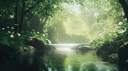 Fototapeta premium Serene summer forest with a tranquil brook surrounded by lush greenery and vibrant flowers capturing the essence of nature's beauty.