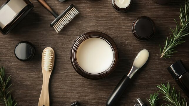 Open jar of beard balm with a small amount on a wooden spatula, surrounded by grooming tools