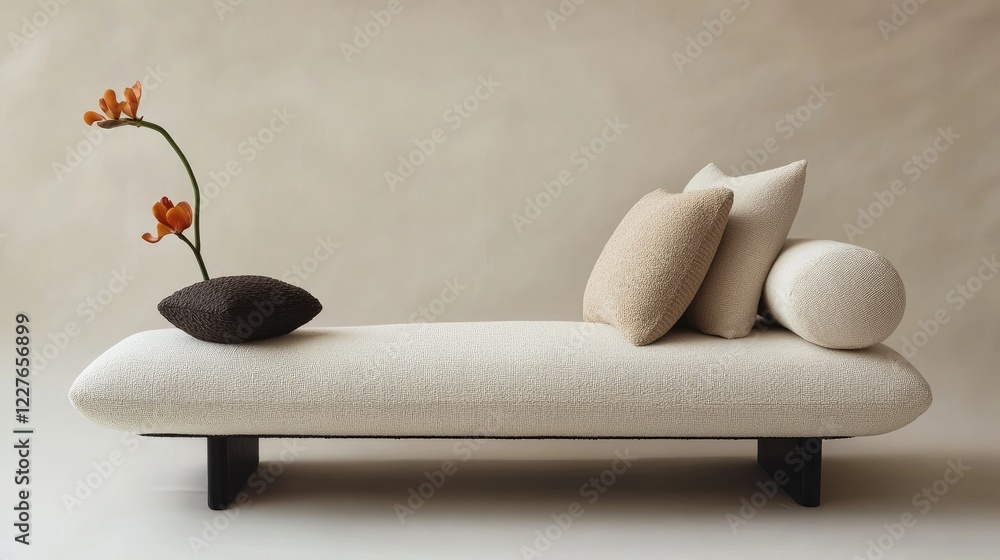 Poster minimalist sofa design featuring decorative pillows and a single flower in a serene and elegant sett