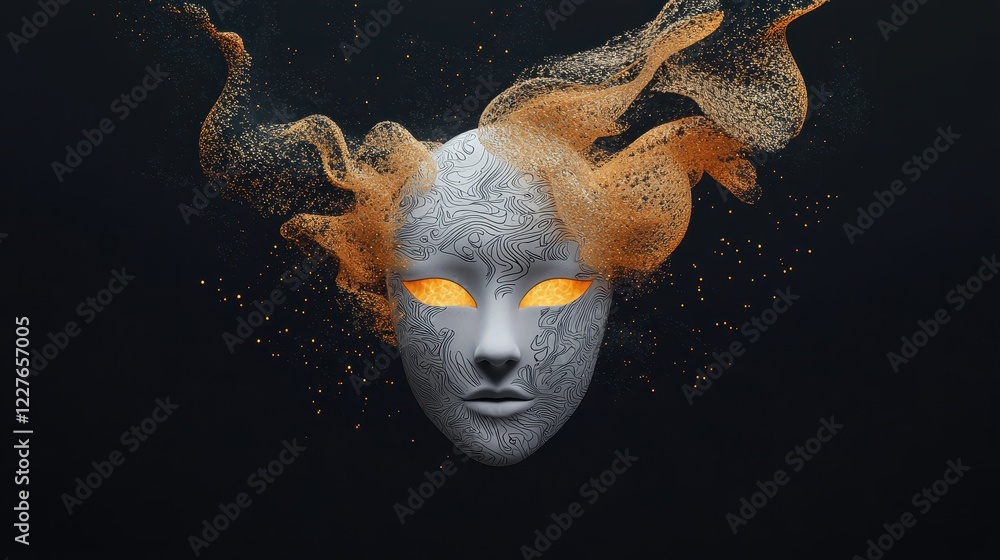 Aufkleber surreal mask with glowing patterns and ethereal effects on dark background