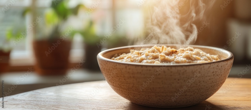 Aufkleber steaming bowl of oatmeal in a rustic kitchen with soft natural light and empty space for text displa