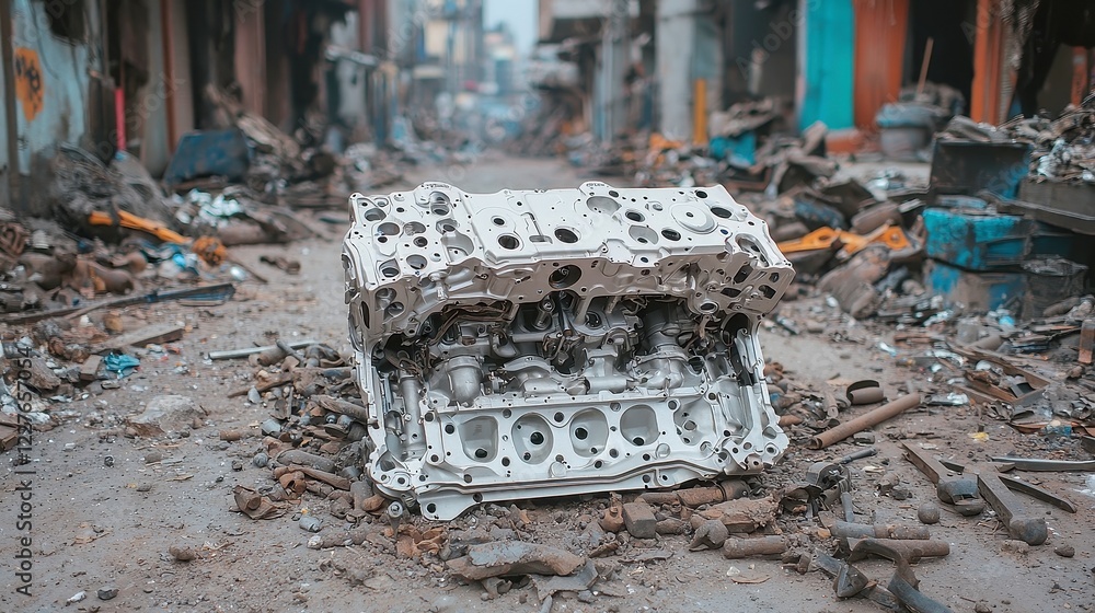 Poster engine block in dusty yard, an exposed engine block rests amid scattered tools, dust particles float