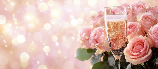 60th Anniversary Celebration Pastel Roses Champagne Glass Sparkles Soft Pink Background Greeting Card Template with Empty Copyspace