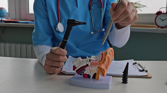 Doctor sits at a table in a hospital, discussing hearing loss, tinnitus, and balance problems like dizziness and vertigo, addressing issues such as ear infections