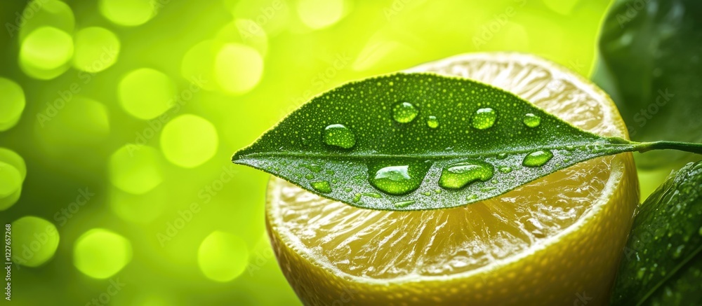 Poster fresh lemon slice with green leaf surrounded by vibrant bokeh showcasing moisture and vitamin c abun