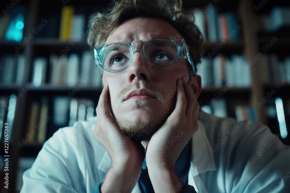 Aufkleber young scientist deep in thought while surrounded by books in a research setting