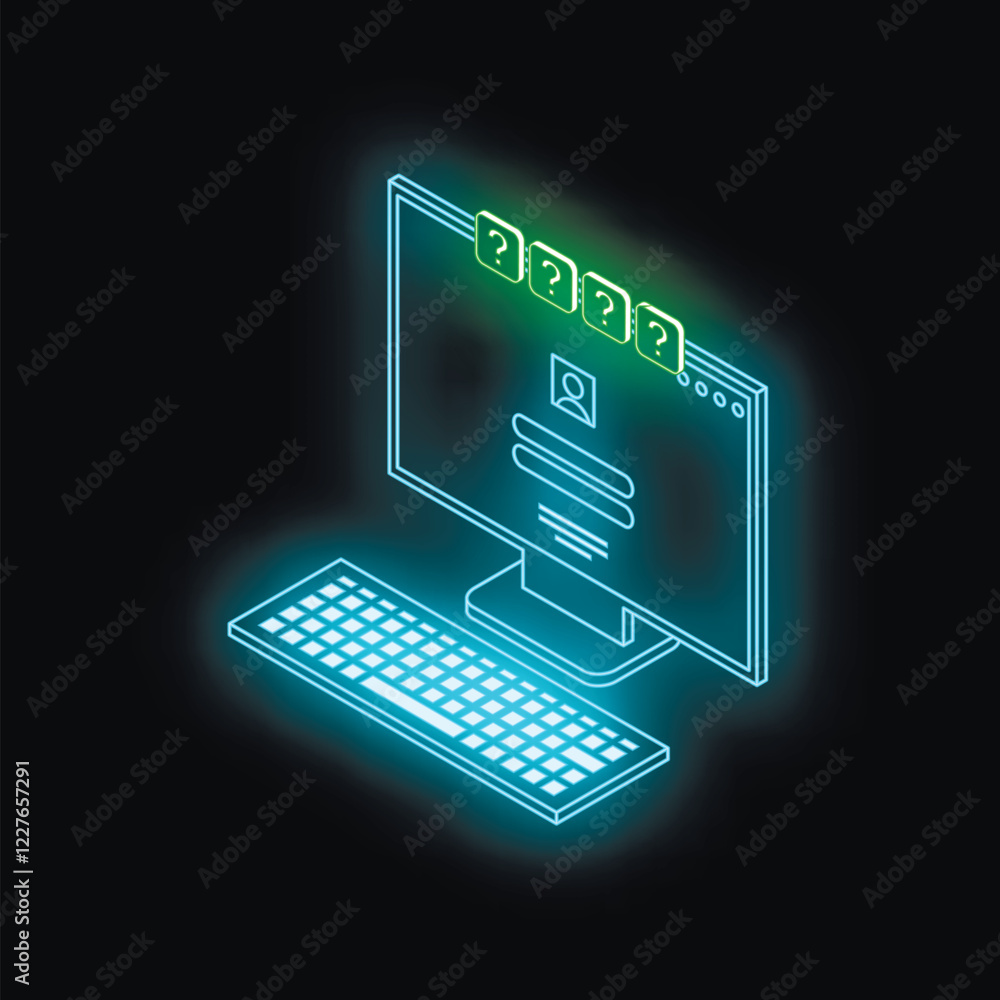 Poster glowing computer monitor showing user profile with multiple unanswered questions, highlighting onlin