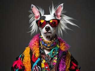 Chinese Crested Dog in a highfashion editorial setup, bold and unique styling
