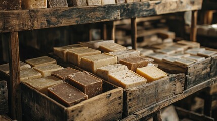 Handcrafted Natural Olive Oil Soap Bars Displayed in Rustic Crates Promoting Organic Skincare and Wellness Close Up Perspective