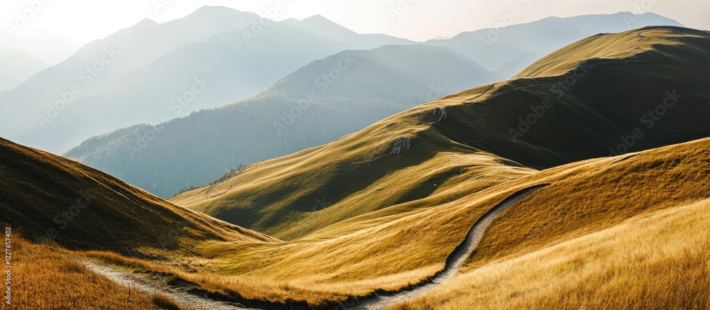 Poster Mountaineering path winding through golden hills with serene mountain backdrop and space for text addition