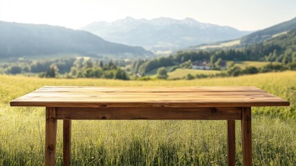 Wooden dining table in a sunny green field with mountains in the background ideal for product display and promotional text space
