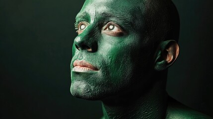 Portrait of a man with green face and body paint showcasing intense expression and artistic body art against a dark background.