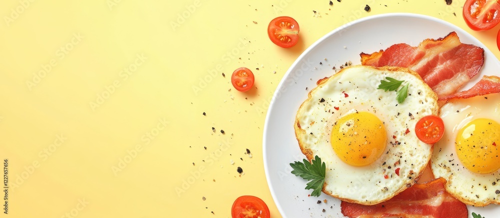 Poster morning breakfast with fried eggs bacon and tomatoes on colorful background empty space for text and
