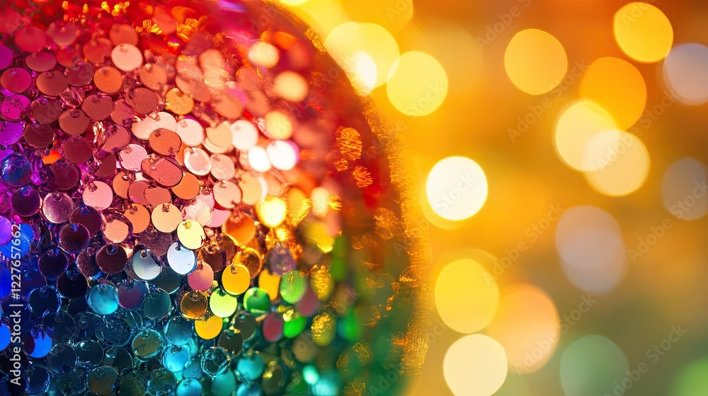 Aufkleber close-up of disco ball with rainbow lights, creating a dynamic and festive party scene with sparklin