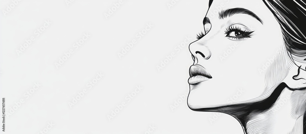 Poster monochrome portrait of a woman's face with ample empty space for text and creative design elements