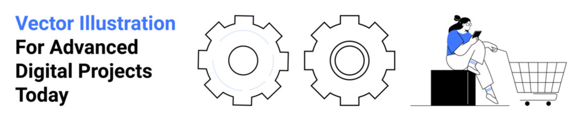 Two metal gear icons alongside a woman sitting near a shopping cart, engrossed in her smartphone. Ideal for e-commerce, technology, innovation, digital tools, consumer habits, automation, flat