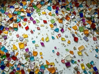 Shattered stained glass ceiling fragments scattered on the ground amidst a kaleidoscope of colorful shards, kaleidoscope, colorful fragments
