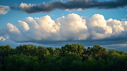 Dramatic cloudscape over lush green forest at sunset.