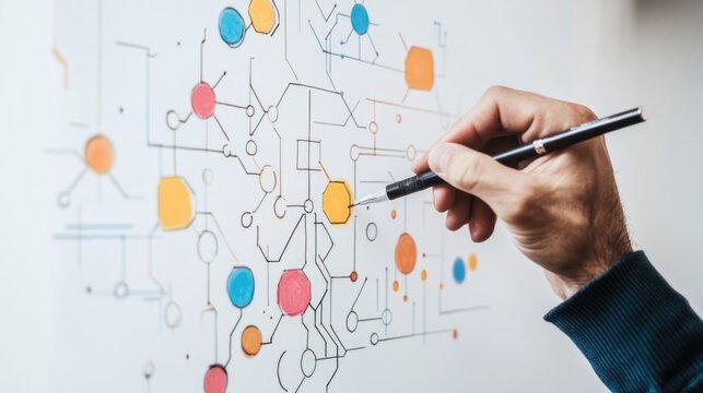 Hand sketching a complex diagram with colorful geometric shapes and lines on a white background illustrating creative brainstorming or planning.