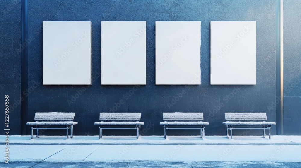 Poster mockup of four empty three dimensional square wall panels in a snowy stadium environment with benche