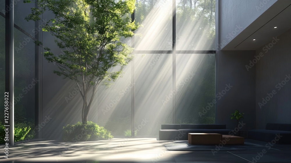 Poster natural light and its impact on visual perception in modern architectural spaces with greenery and s