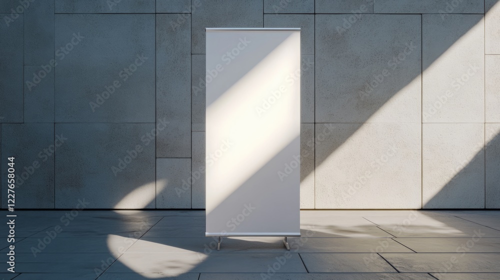 Poster vertical flag stand mockup for advertising in minimalist modern setting with shadow play on textured