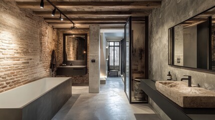 Stylish loft bathroom featuring rough plaster, exposed brick walls, and modern fixtures in a contemporary design setting