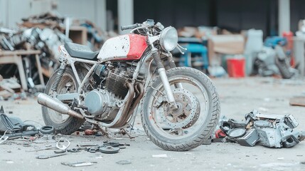 Half-rebuilt motorcycle amidst scattered old parts and wrenches, evoking a sense of restoration and mechanical artistry in a well-used workshop setting