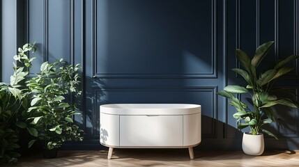 White Cabinet Flanked By Greenery Against Dark Blue Walls