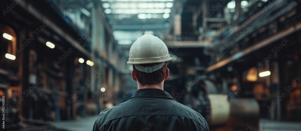 Poster engineer observing industrial site with machinery showcasing architectural details and empty space f