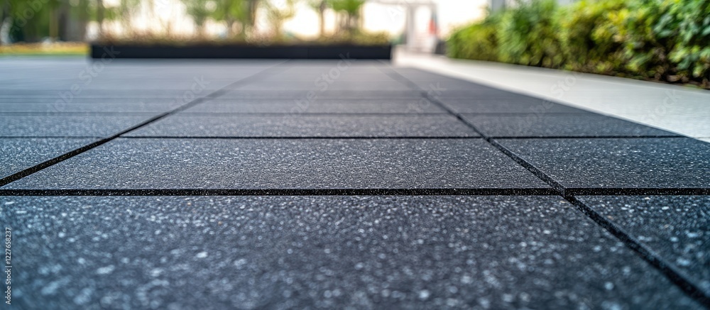 Poster close up of black paving stone sidewalk from low angle perspective with clear space for text and gre