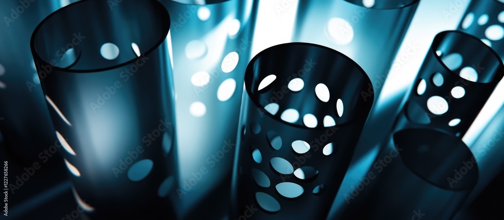 Poster moody conic glass tubes with perforated patterns illuminated by daylight and featuring empty space f