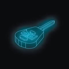 Neon blue key glowing on dark background, symbolizing security, access, data protection, and modern technology