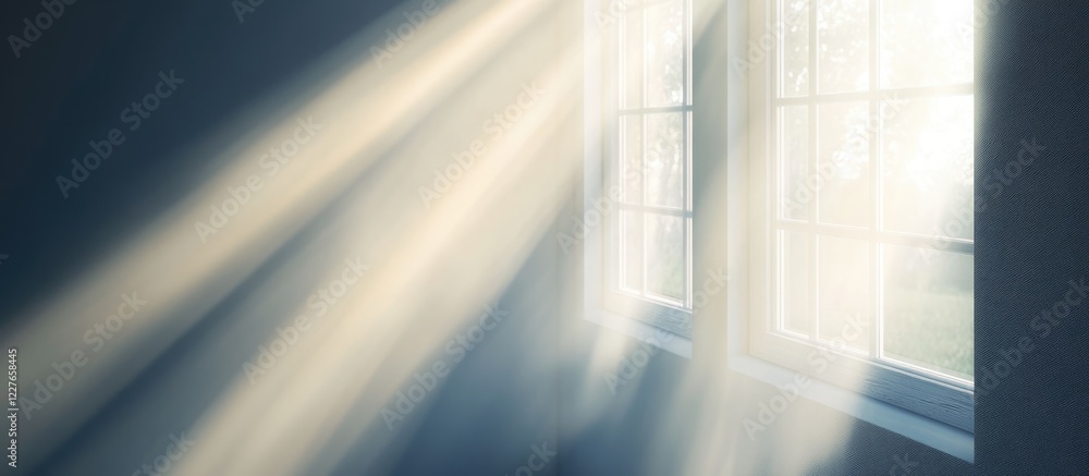 Poster morning light filtering through a window creating a serene atmosphere with ample blank space for tex
