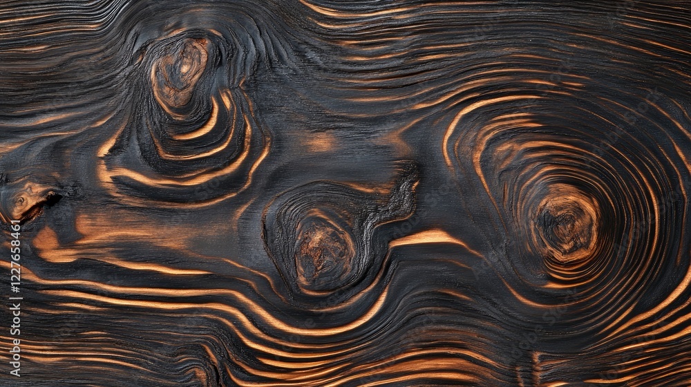 Poster Burnt charred wood texture featuring intricate curly stripes and cracks creating an abstract background with a rich dark color palette.